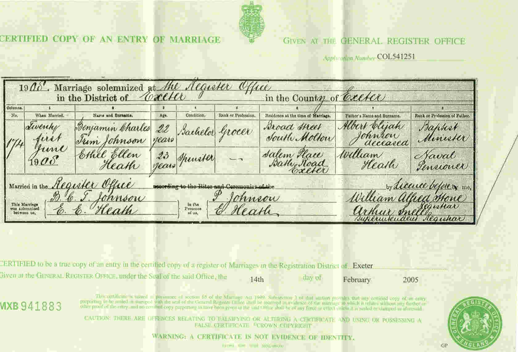 Johnson Heath marriage cert